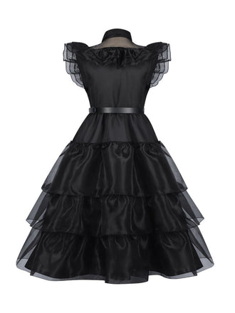 Schwarz 1950er Halloween Wednesday ballkleid Organza Rüschen Revers Kleid