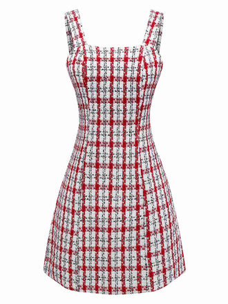 Rot 1960er Plaid Tweed Weste Kleid
