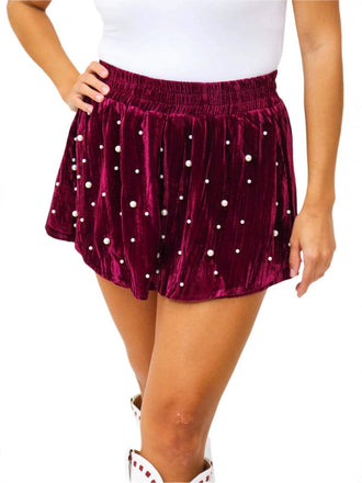 Rot 1950er 3D Perle Verschönert Samt Shorts