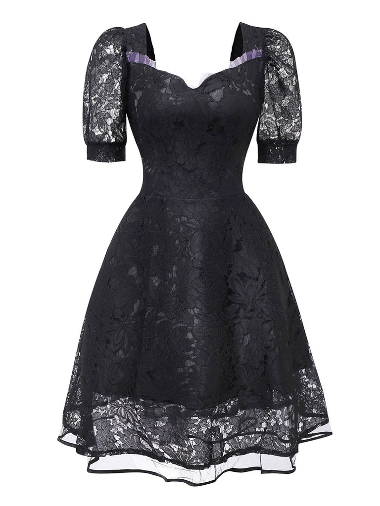 Schwarz 1950er Gothic Hexe Braut Spitze Besticktes Kleid