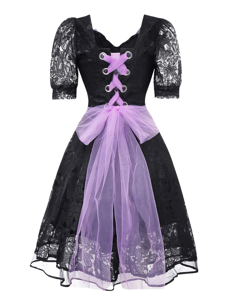 Schwarz 1950er Gothic Hexe Braut Spitze Besticktes Kleid