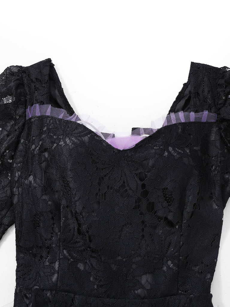 Schwarz 1950er Gothic Hexe Braut Spitze Besticktes Kleid