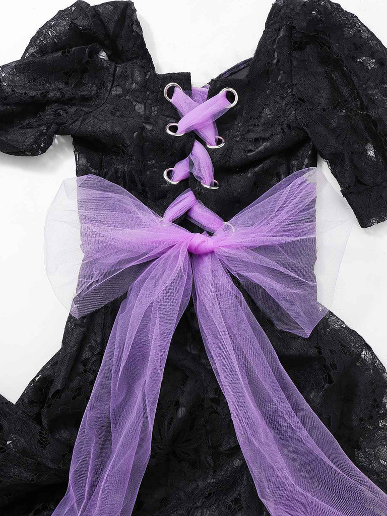 Schwarz 1950er Gothic Hexe Braut Spitze Besticktes Kleid