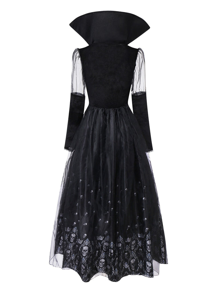 Schwarz 1980er Königin Schädel Langarm Netz Kleid