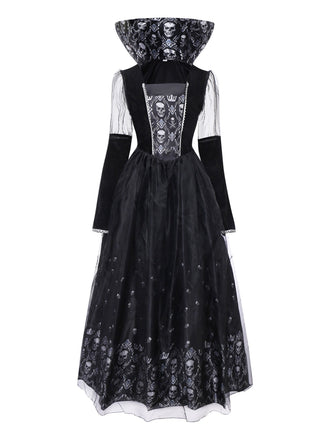 Schwarz 1980er Königin Schädel Langarm Netz Kleid