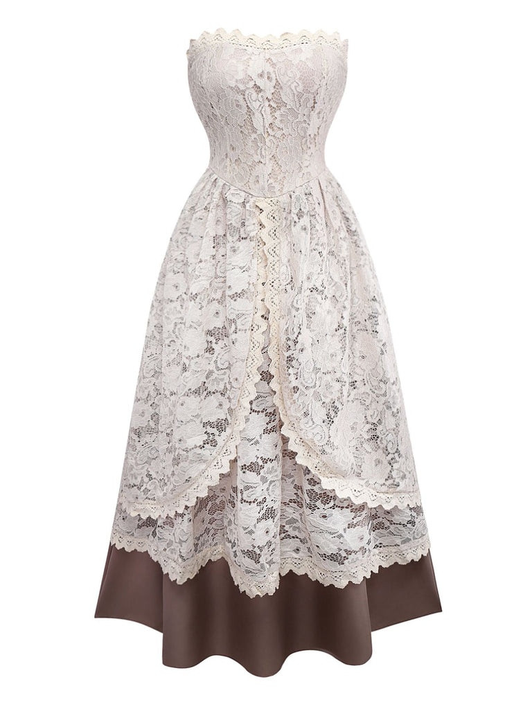Beige 1930er Halloween Vampir Braut Spitze Kleid Set