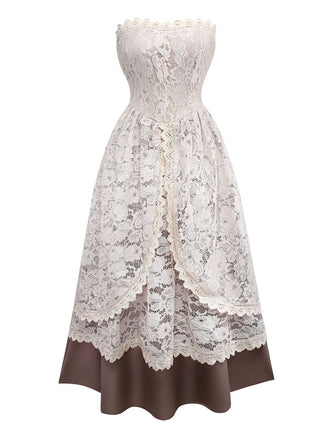 Beige 1930er Halloween Vampir Braut Spitze Kleid Set