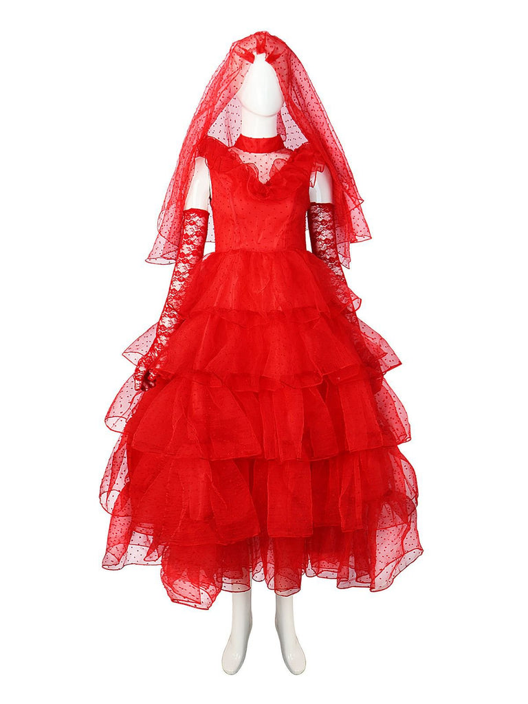 Rot 1950er Halloween Geisterbraut Dots Kleid Set
