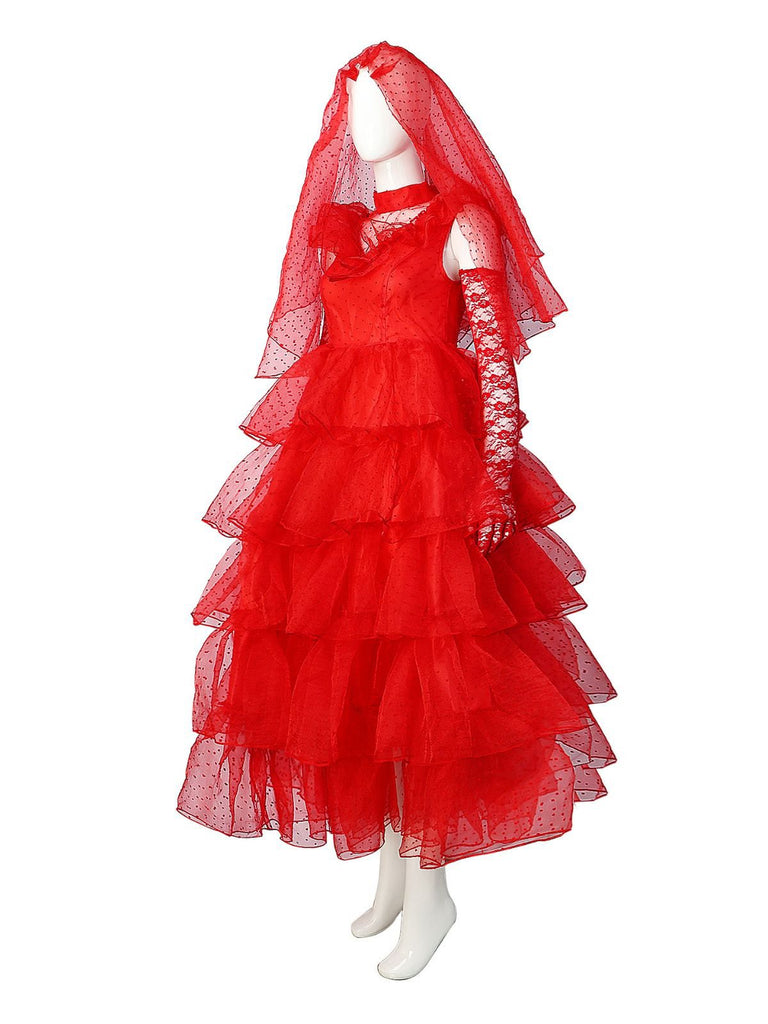 Rot 1950er Halloween Geisterbraut Dots Kleid Set