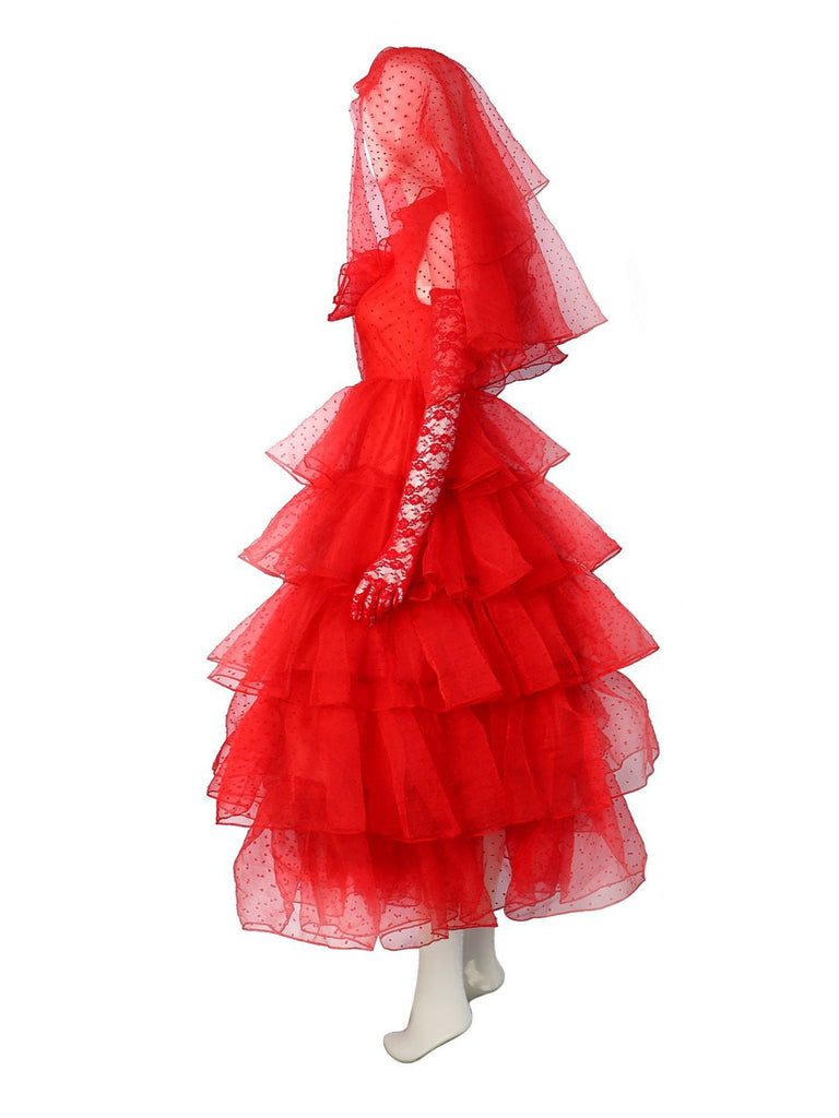 Rot 1950er Halloween Geisterbraut Dots Kleid Set