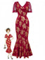 Rot 1930er Goldfolie Blumen Meerjungfrauen Durchsichtig Kleid