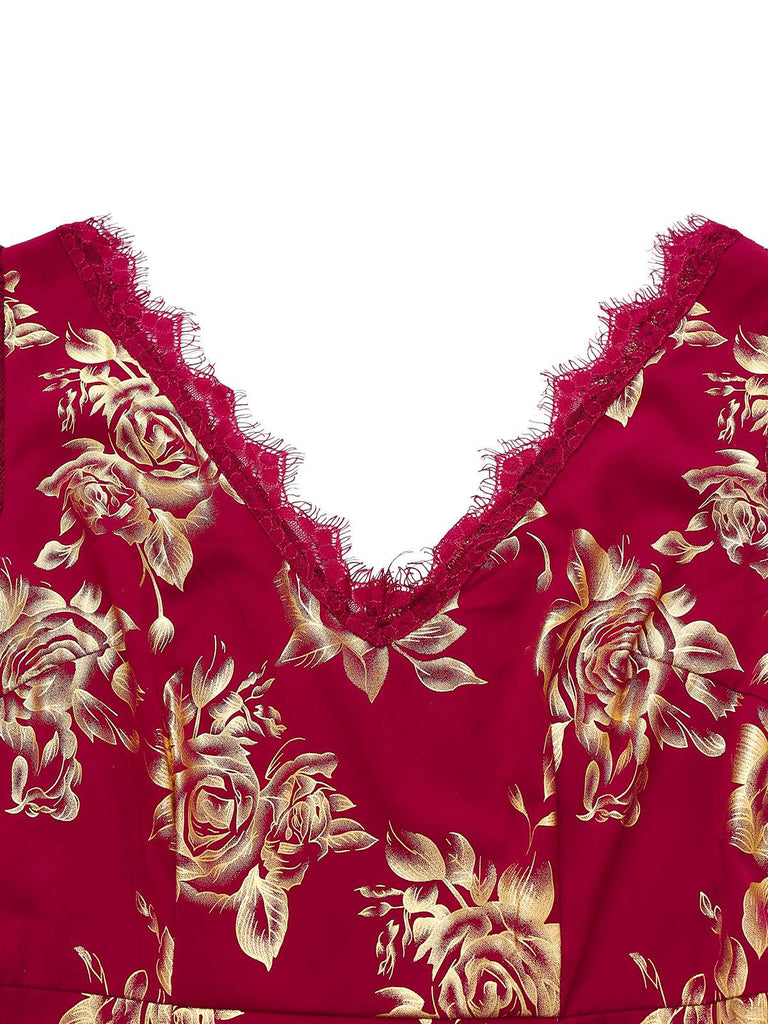 Rot 1930er Goldfolie Blumen Meerjungfrauen Durchsichtig Kleid