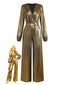 Gold 1930er Metallisch Stoff V-Ausschnitt Jumpsuit