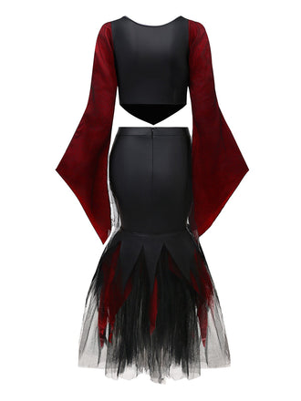 2PCS Rot 1930er Wicked Gepard Netz Top & Meerjungfrauen Rock