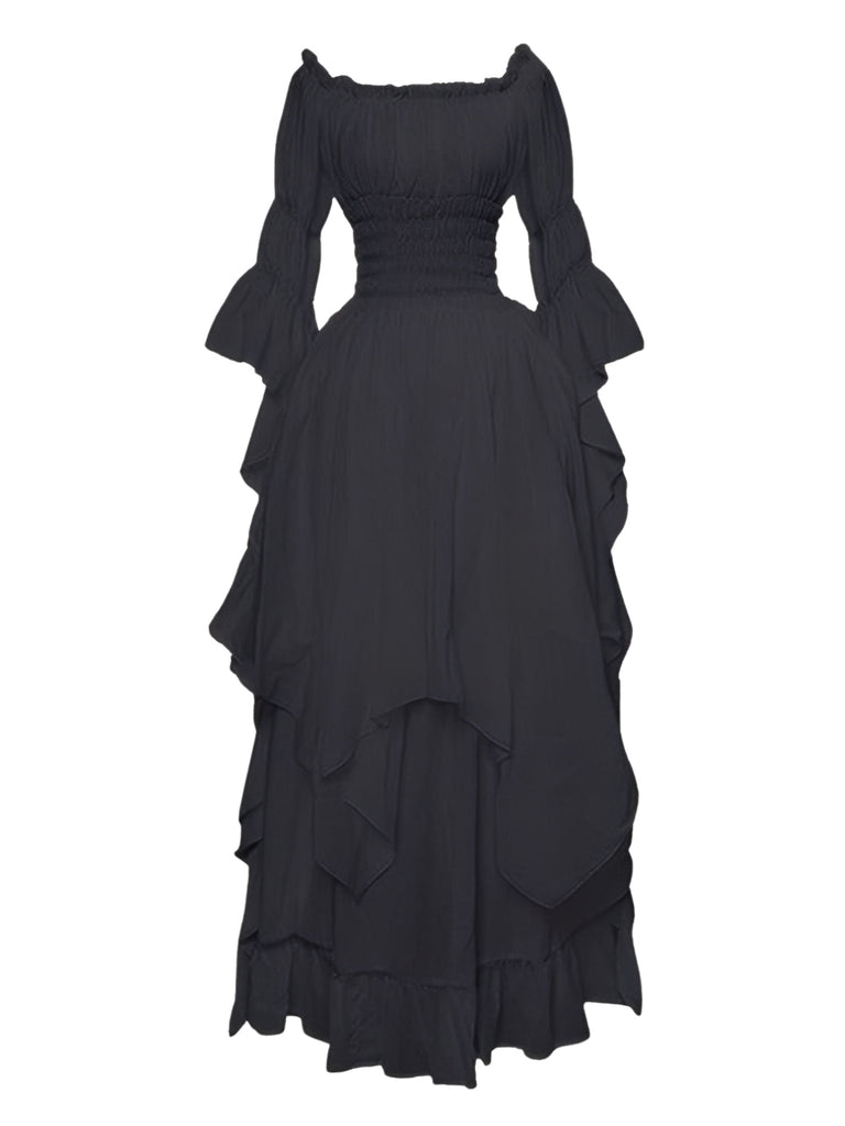 Schwarz 1980er Gothic Glockenärmel Unregelmäßiger Saum Kleid