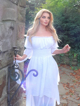 Weiß 1980er Gothic Glockenärmel Unregelmäßiger Saum Kleid