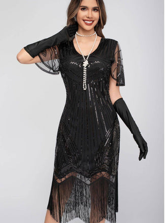 Schwarz 1920er Rundhalsausschnitt Pailletten Tassels Charleston Kleid
