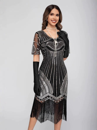 Silber 1920er Rundhalsausschnitt Pailletten Tassels Charleston Kleid