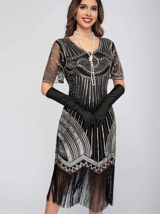 Silber 1920er Rundhalsausschnitt Pailletten Tassels Charleston Kleid