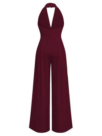 [Vorverkauf] Rot 1970er Tief-V-Ausschnitt Solide Super Weitbein Jumpsuit