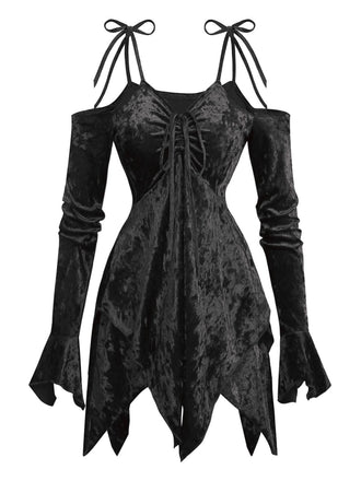 1960er Samt Fledermausärmel Irregulär Saum Kleid