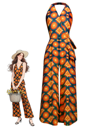 Orange 1970er Halter Geometrischer Druck Jumpsuit