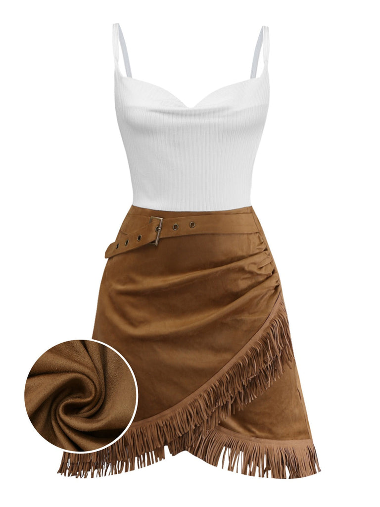 [Vorverkauf] Khaki 1970er Hoch-Tief Schlitz Fringe Kleid