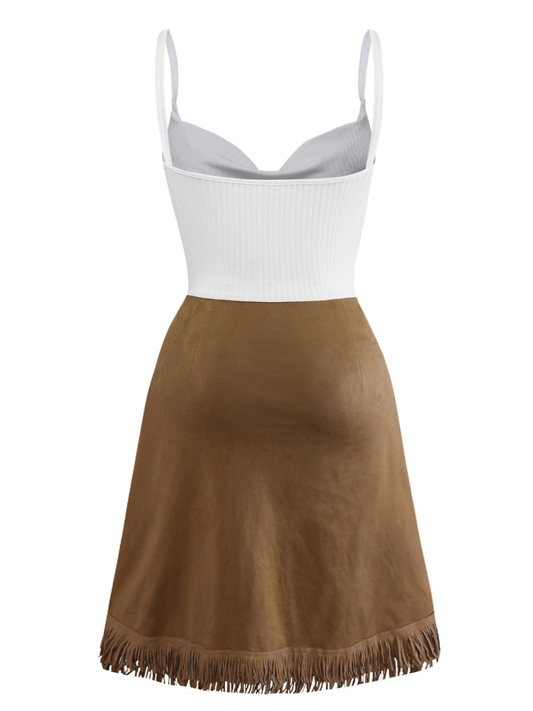 [Vorverkauf] Khaki 1970er Hoch-Tief Schlitz Fringe Kleid