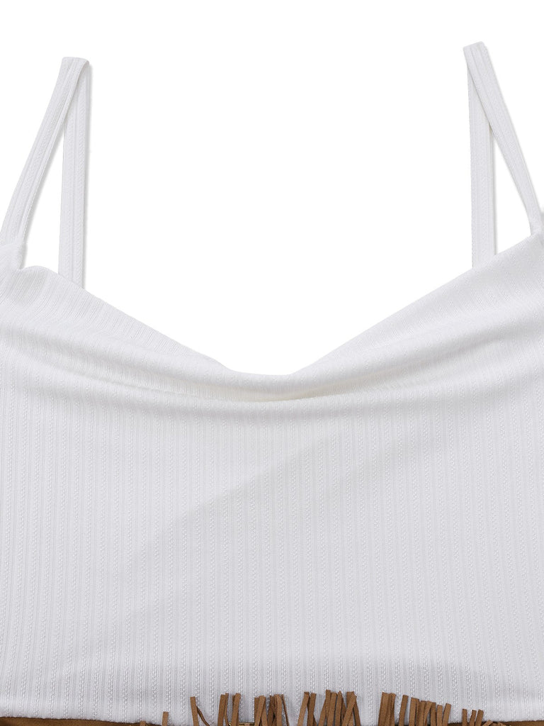 [Vorverkauf] Khaki 1970er Hoch-Tief Schlitz Fringe Kleid