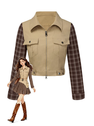 Khaki 1960er Revers Tartan Plaids Reißverschluss Jacke