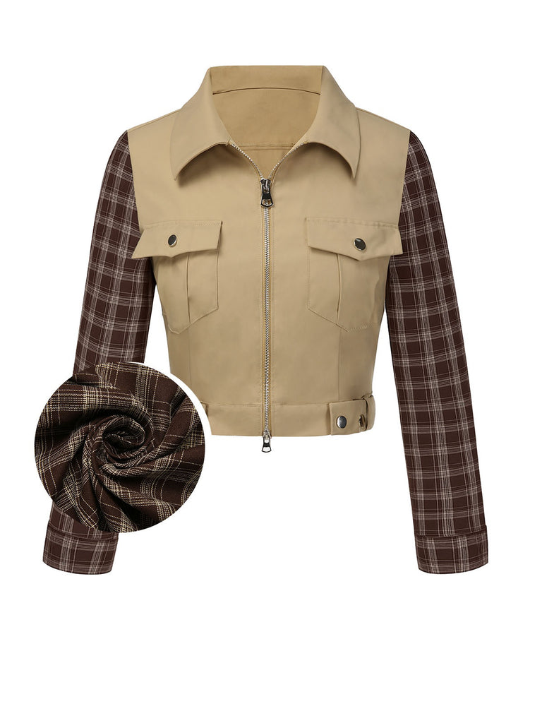 Khaki 1960er Revers Tartan Plaids Reißverschluss Jacke