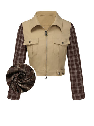 Khaki 1960er Revers Tartan Plaids Reißverschluss Jacke