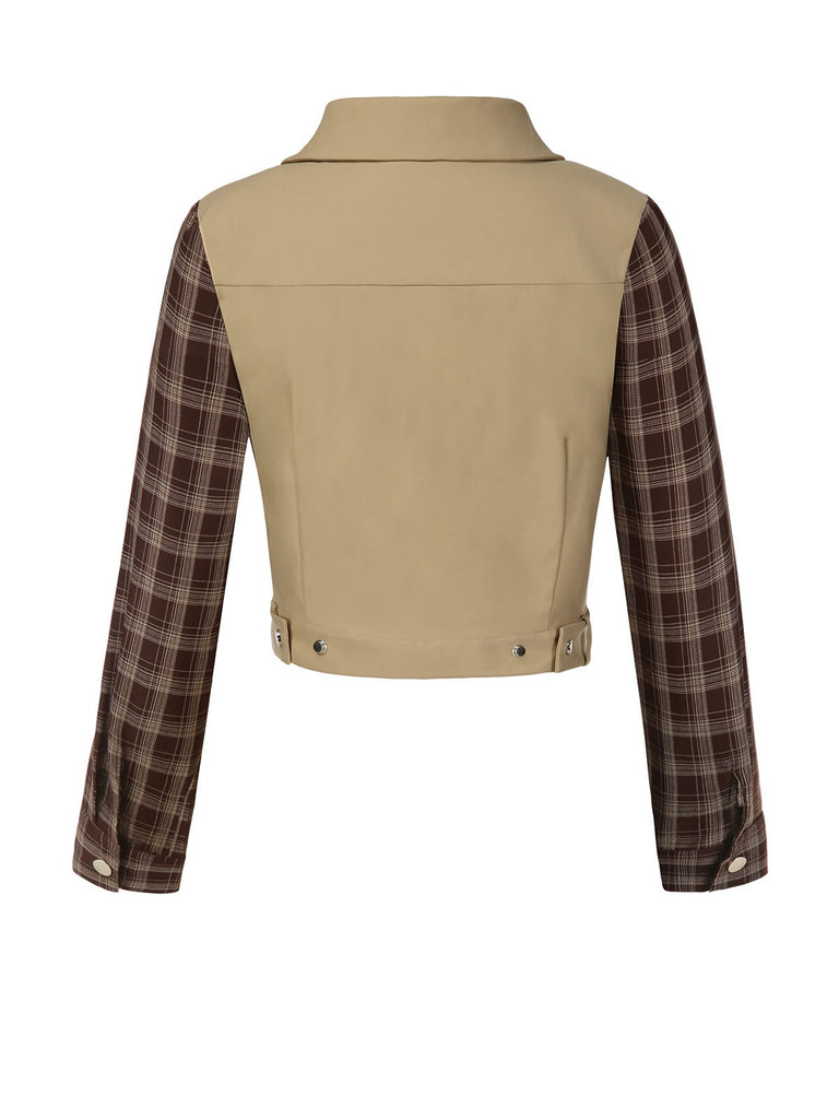 [Vorverkauf] 2PCS Khaki 1960er Plaid Patchwork Jacke & Plissiertes Rock