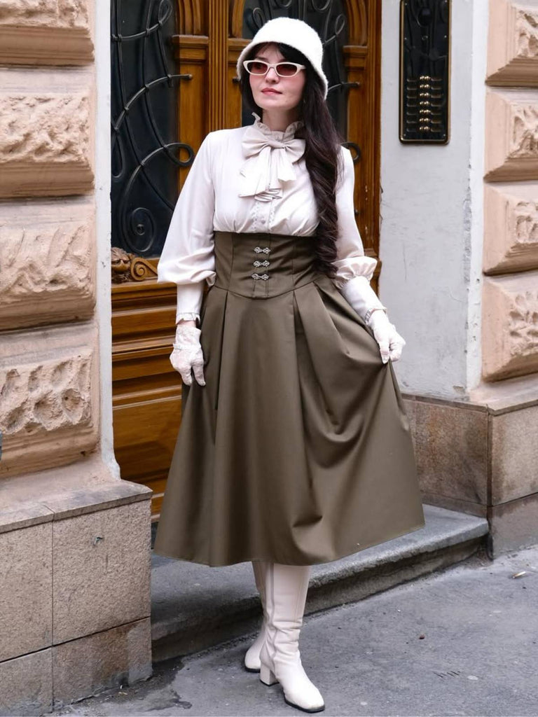 1950er Viktorianisch Bogen Tie Rüschen Langarm Kleid
