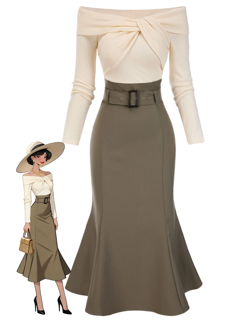 [Vorverkauf] Khaki 1930er Schulterfrei Stricken Gürtel Meerjungfrauenkleid