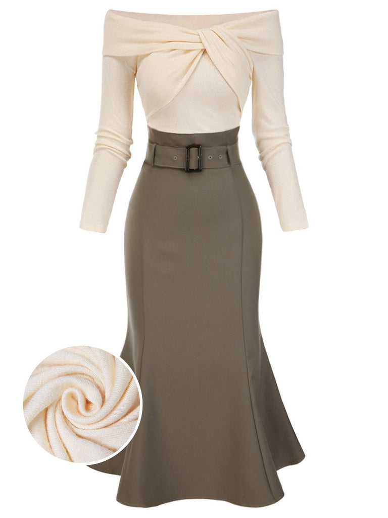 [Vorverkauf] Khaki 1930er Schulterfrei Stricken Gürtel Meerjungfrauenkleid