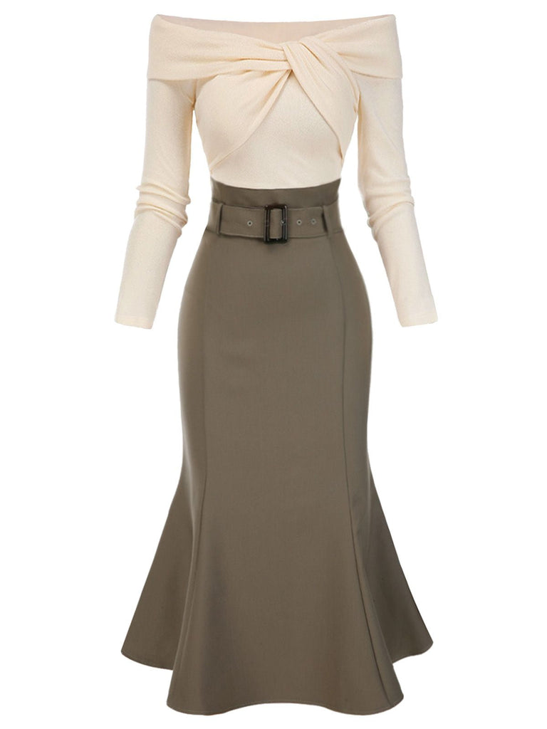 [Vorverkauf] Khaki 1930er Schulterfrei Stricken Gürtel Meerjungfrauenkleid