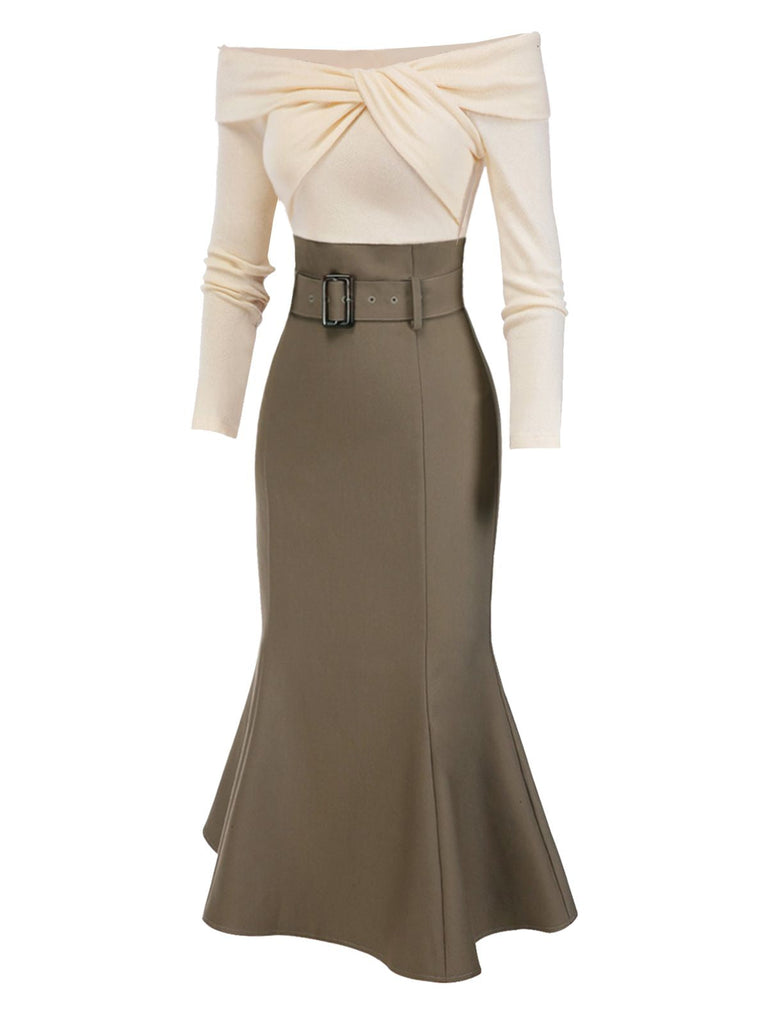[Vorverkauf] Khaki 1930er Schulterfrei Stricken Gürtel Meerjungfrauenkleid