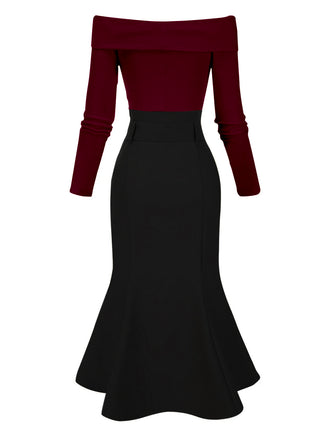 [Vorverkauf] Schwarz 1930er Schulterfrei Stricken Gürtel Meerjungfrauenkleid