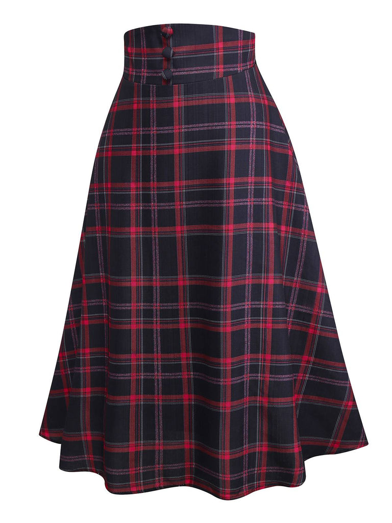 [Vorverkauf] 2PCS Rot 1940er Krawattenhals Bluse & Plaid Rock