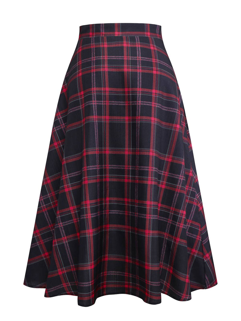 [Vorverkauf] 2PCS Rot 1940er Krawattenhals Bluse & Plaid Rock