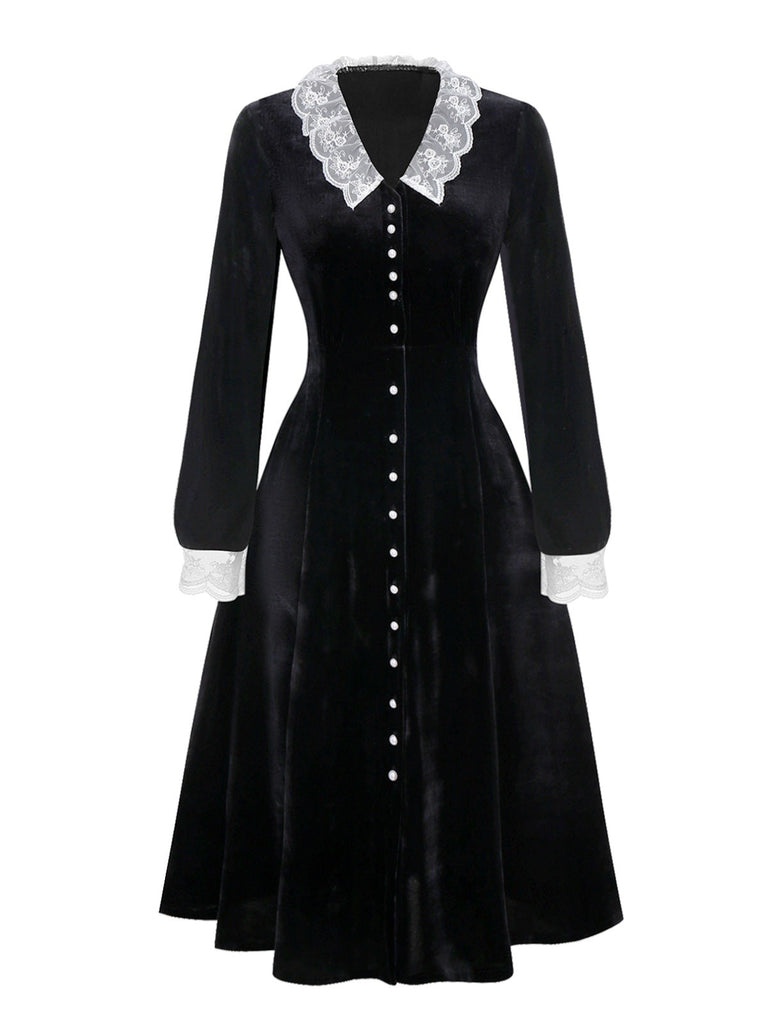 [Vorverkauf] Schwarz 1940er Spitze Revers V-Ausschnitt Samt Kleid