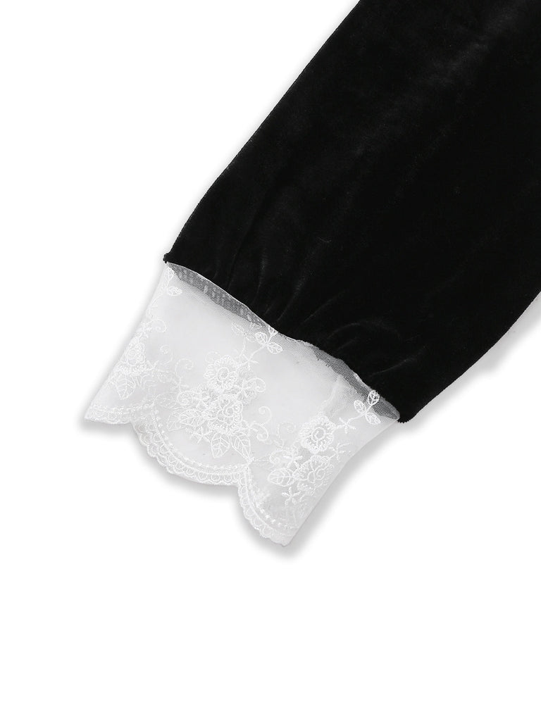 [Vorverkauf] Schwarz 1940er Spitze Revers V-Ausschnitt Samt Kleid