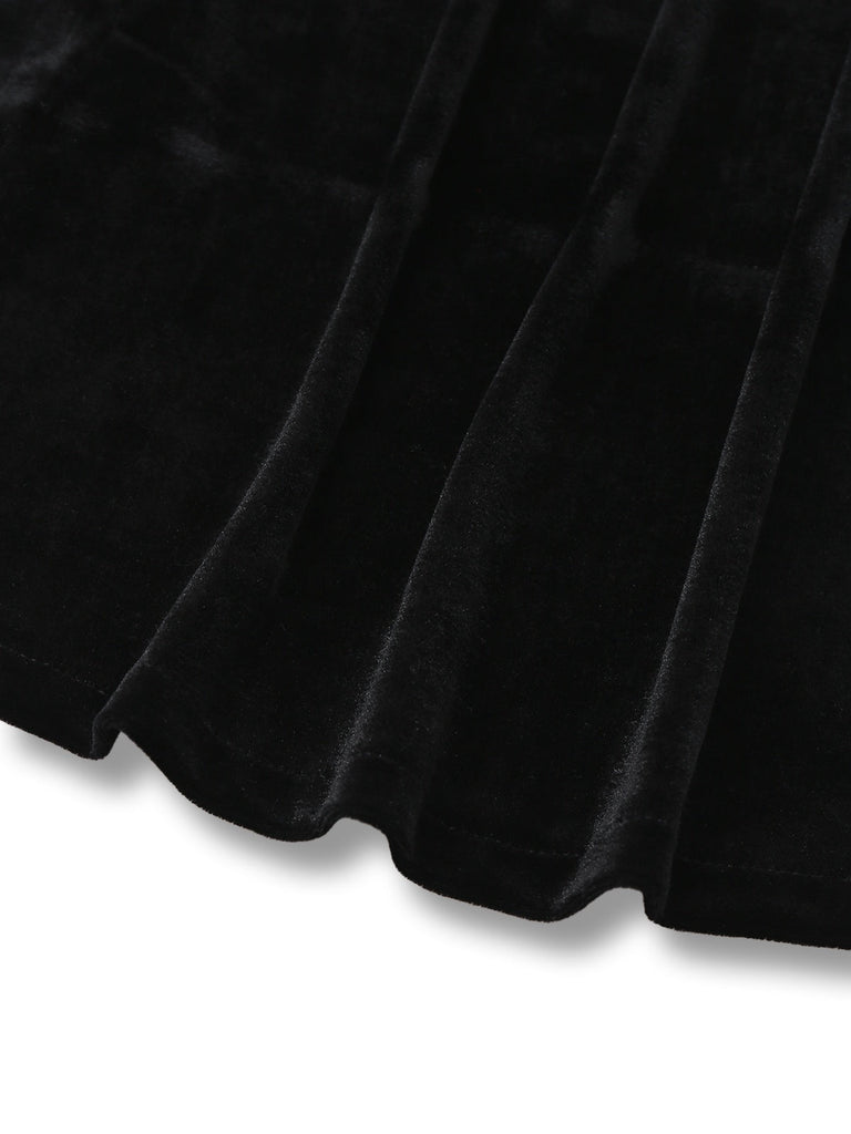 [Vorverkauf] Schwarz 1940er Spitze Revers V-Ausschnitt Samt Kleid