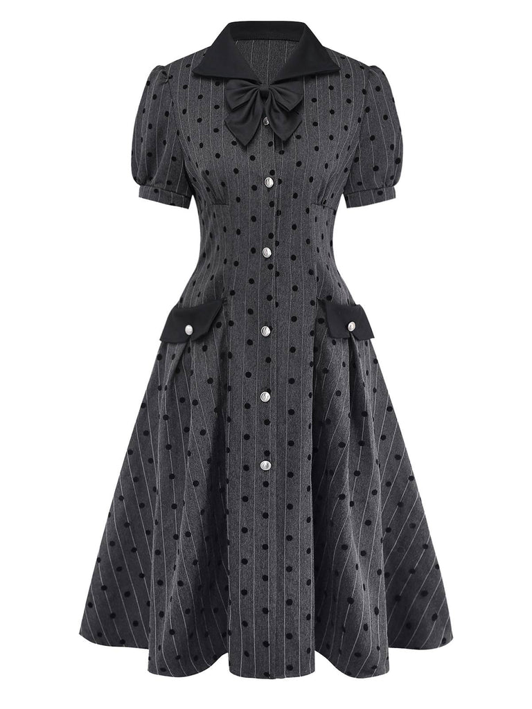 [Vorverkauf] Grau 1950er Beflocktes Polka Dot Puff Kleid