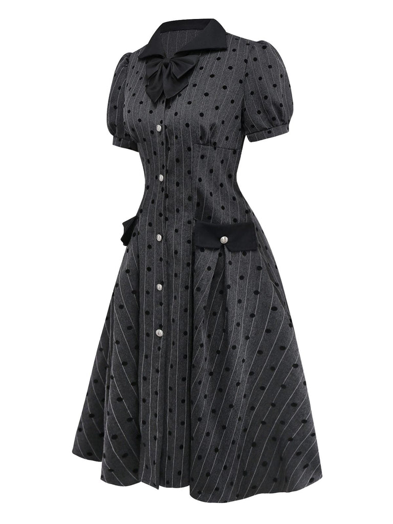 [Vorverkauf] Grau 1950er Beflocktes Polka Dot Puff Kleid