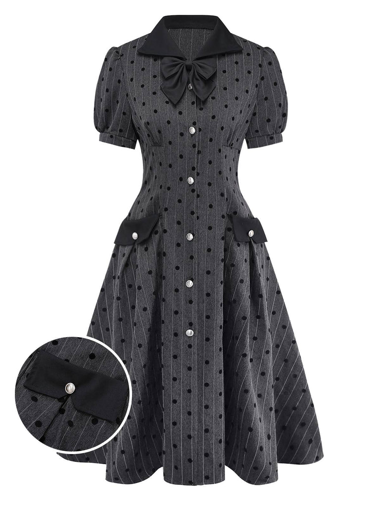[Vorverkauf] Grau 1950er Beflocktes Polka Dot Puff Kleid