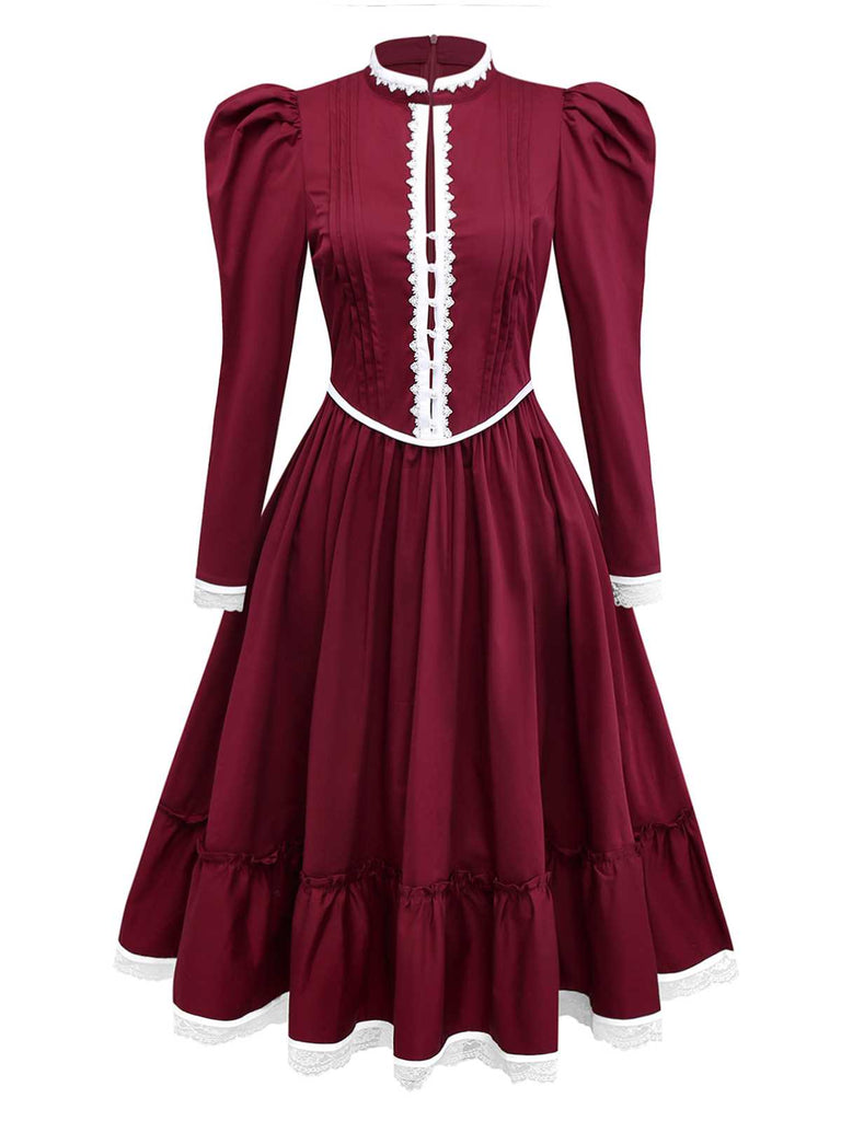 [Vorverkauf] Weinrot 1930er Viktorianisch Spitze Langarm Kleid