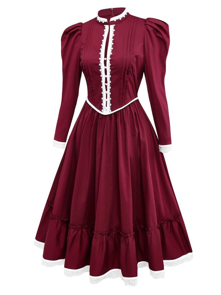 [Vorverkauf] Weinrot 1930er Viktorianisch Spitze Langarm Kleid