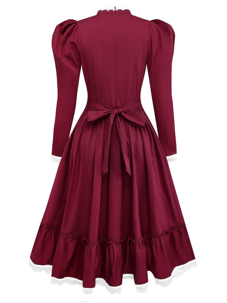 [Vorverkauf] Weinrot 1930er Viktorianisch Spitze Langarm Kleid